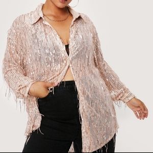 SEQUIN BUTTON FRONT LONG SLEEVE  TASSLE SHIRT beige blush cream tan 16 xl 2xl